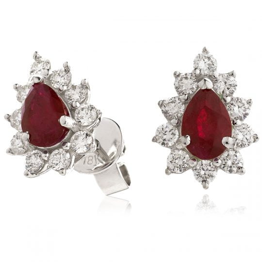 Pear Cut Ruby With Diamond Cluster Stud Earrings