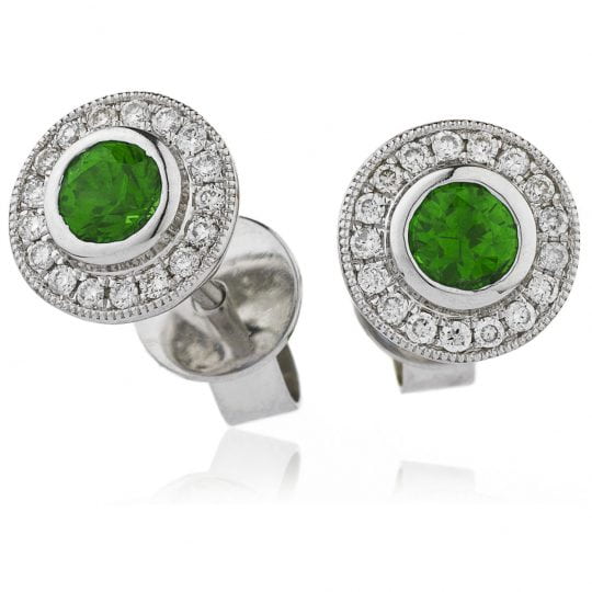 Round Cut Emerald With Grain Set Diamond Halo Stud Earrings