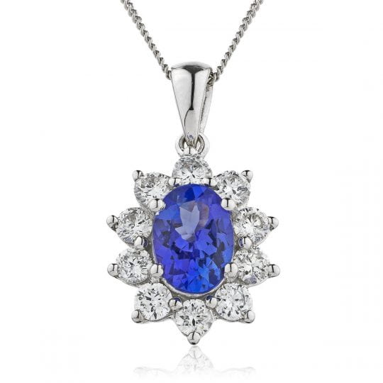 Oval Cut Blue Sapphire With Diamond 10 Stone Cluster Necklace