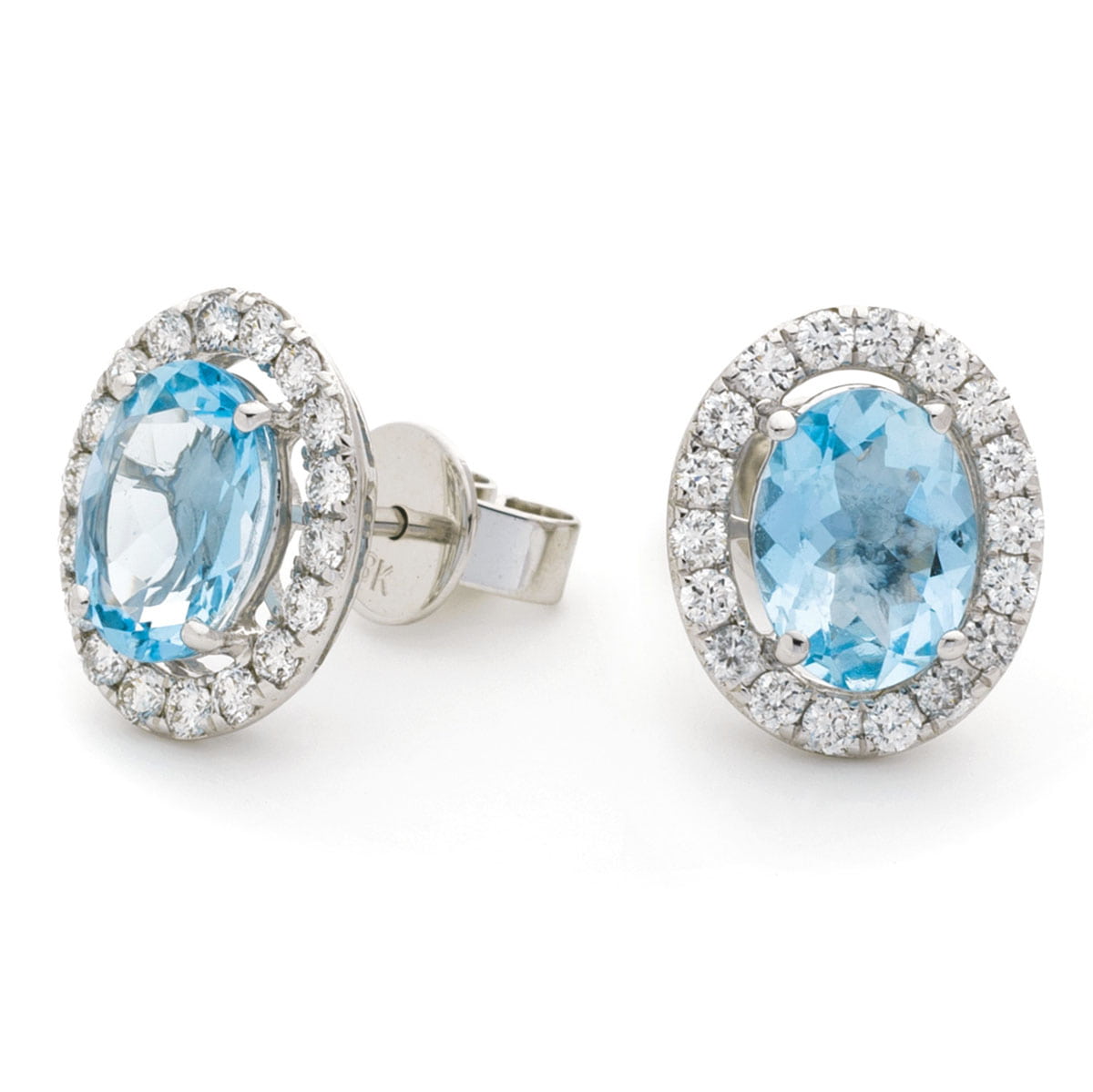 Oval Cut Aquamarine Stud Earrings With Diamond Halo | Earrings | Jenny ...