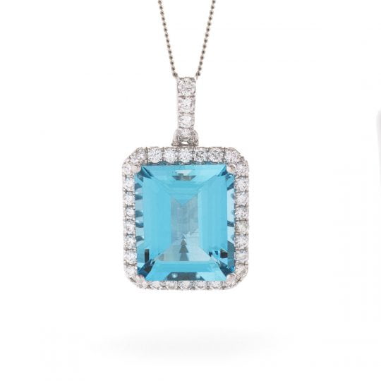 Emerald Cut Aquamarine & Diamond Halo Necklace
