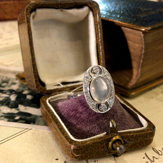 Deco Inspired Moonstone & Diamond Plaque Ring