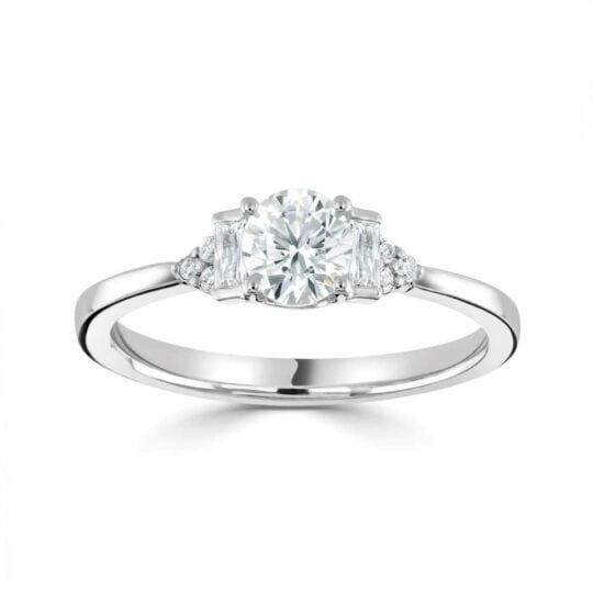 Round Solitaire With Baguette & Round Shoulders Engagement Ring