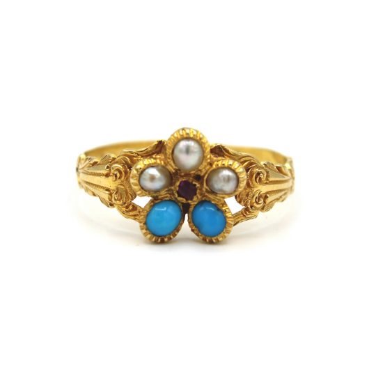 Pre 1931 Turquoise, Pearl & Ruby Daisy Ring