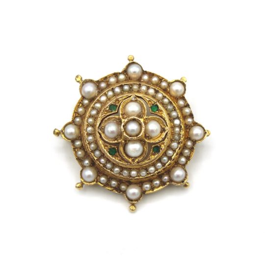 Victorian Seed Pearl & Emerald Target Brooch