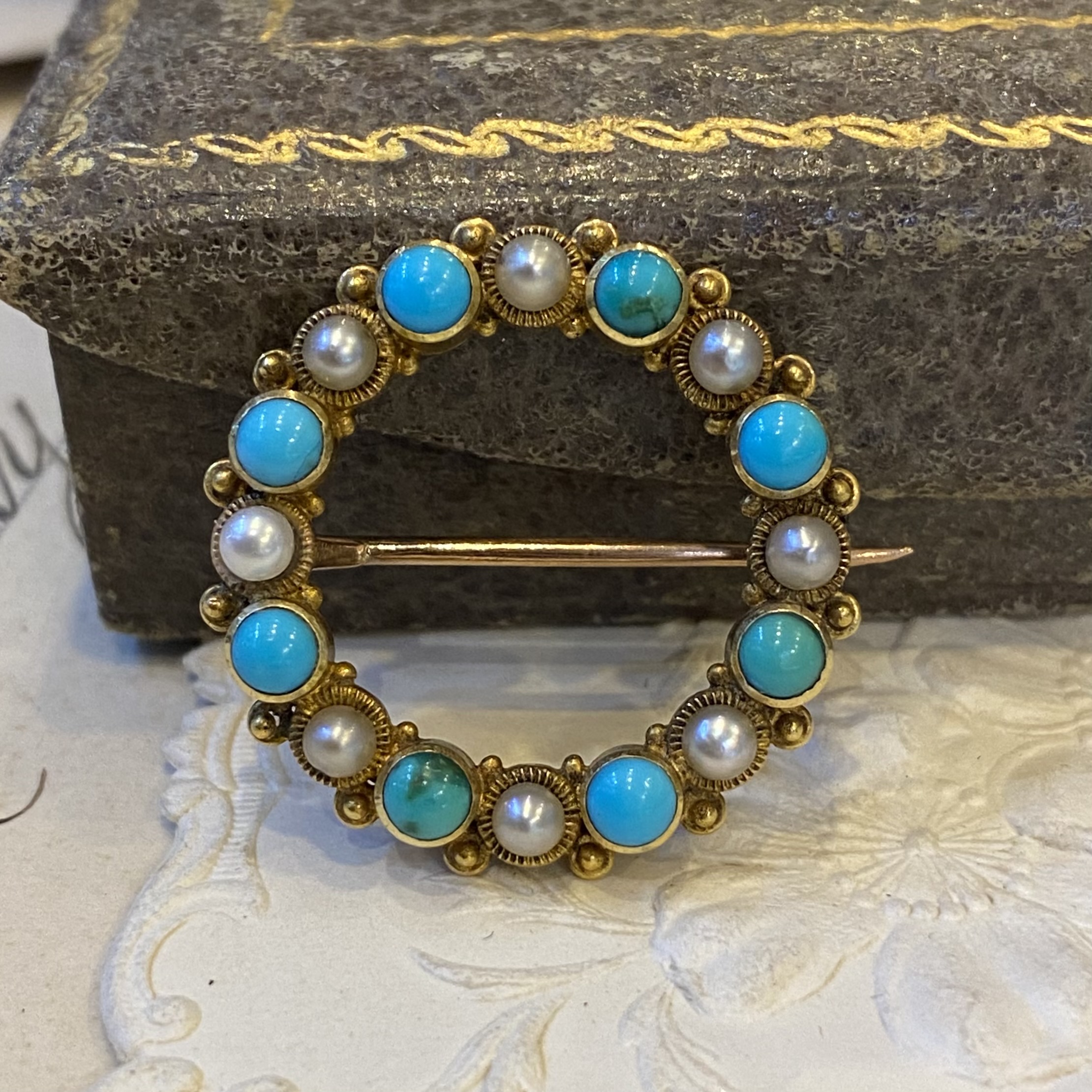 14K Yellow Gold Victorian Brooch/Pin with Turquoise and Seed Pearls -  Colonial Trading Company