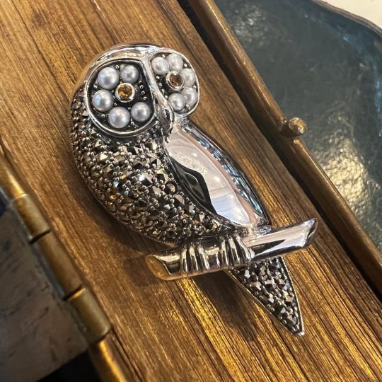 Marcasite, Seed Pearl & Citrine Owl Brooch