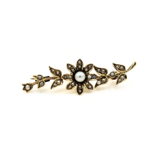 9ct Yellow Gold Floral Seed Pearl Brooch